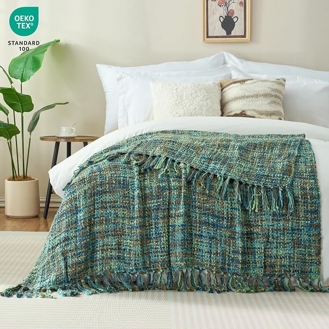 Multi-Color Cable Woven Throw Blanket for Couch - 50"X60" | Multicolored Boho Style,Super Soft Warm Cozy Chunky Blankets with Decorative Tassels for Bed and Sofa,Green