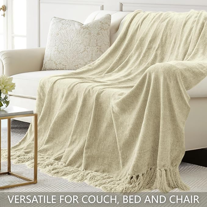 Chenille Throw Blanket for Couch 60" x 80" Twin, Light Beige | Soft Cozy Warm Throws with Fringe Tassel, for Living Room Bed Sofa Chair Cover, Lightweight Knitted Decorative Boho Blankets