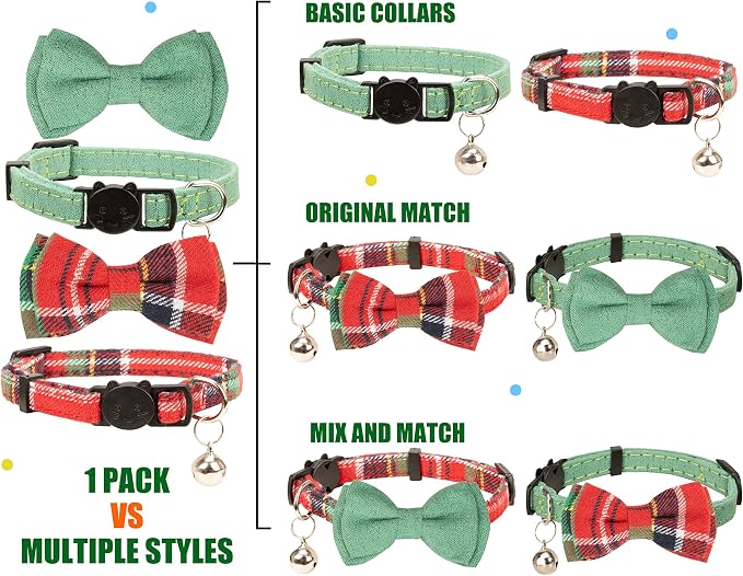 Collar for Cat Pet Breakaway with Bell Bowtie Detachable Bow Adjustable Safety Kitten Puppy Girl Boy 2pcs Christmas-B