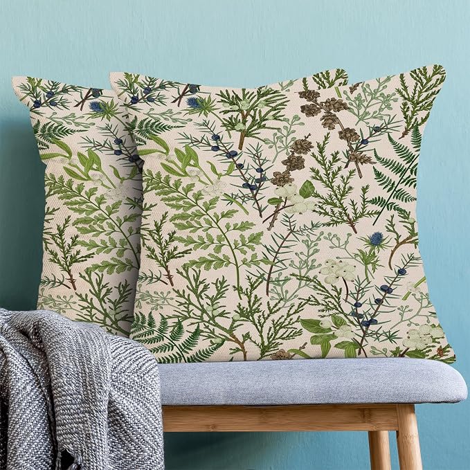 AEIOAE Spring Pillow Covers 22x22 Inch Set of 2,Vintage Sage Green Wild Flower Plant Throw Pillows Case,Seasonal Floral Outdoor Decorative Linen Farmhouse Decor Cushion Covers for Sofa Bed Couch