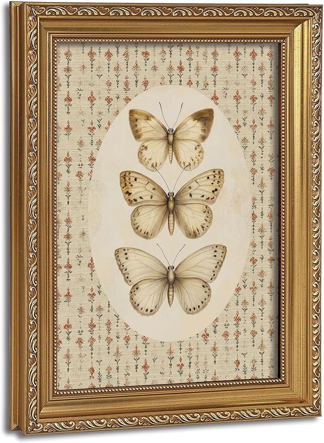 Vintage Gold Framed Wall Art Retro Floral Butterfly Canvas 9x11in | Living Room, Home Decor Painting Picture, Bedroom Wall Decor, Gifts for Friends or Family