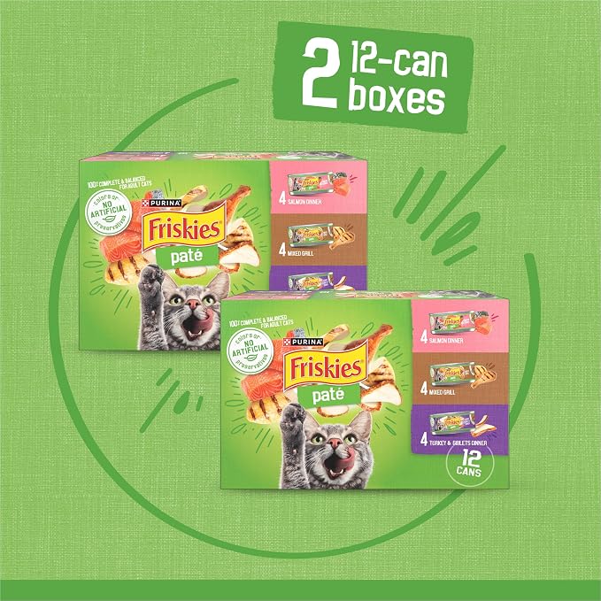 Purina Friskies Wet Cat Food Pate Variety Pack Salmon Dinner, Turkey and Giblets Dinner and Mixed Grill - (2 Packs of 12) 5.5 oz. Cans