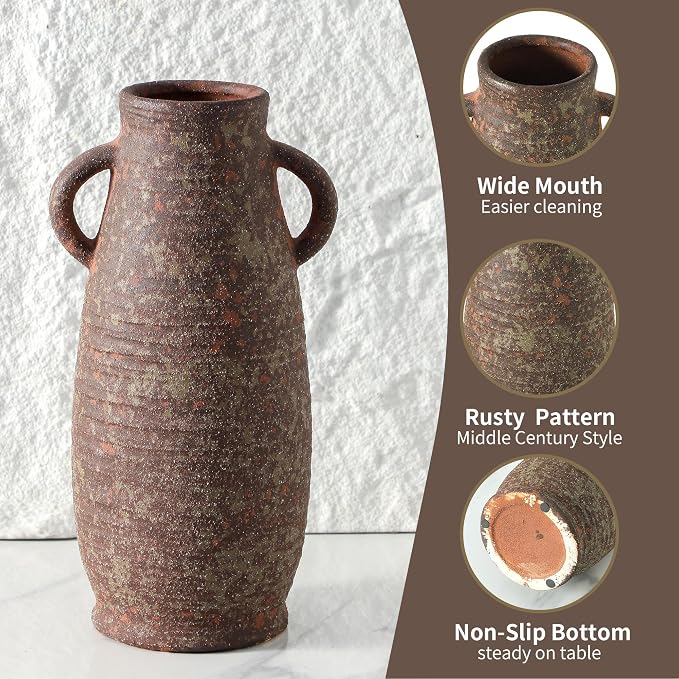 Ceramic Rustic Vase, 12.3 Inch Farmhouse Decorative Flower Vase for Home Decor, Rusty Vase for Living Room Bedroom Kitchen Office Decor Centerpiece Table Decorations