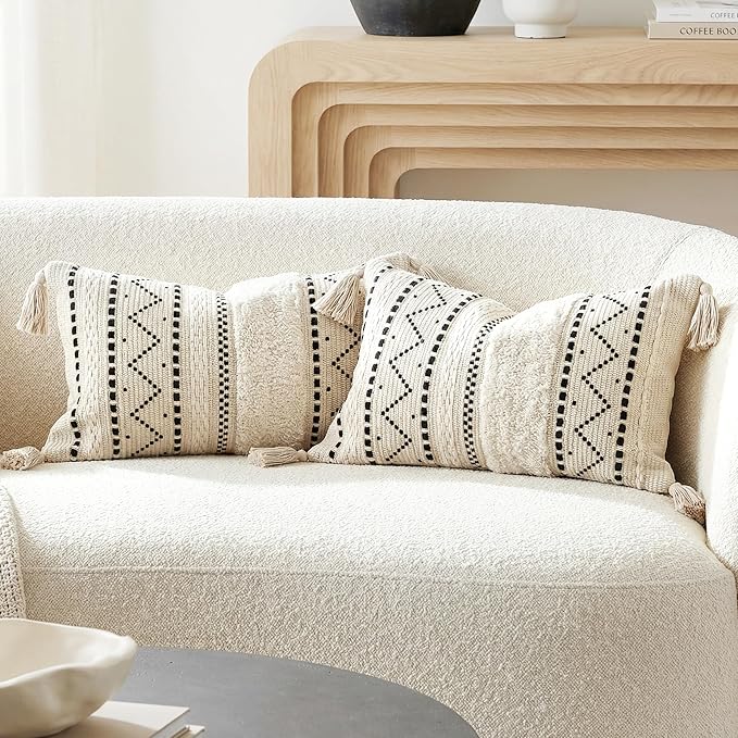 Decorative Lumbar Throw Pillow Covers 12x20 Combo Set of 2 Rectangular Boho Accent Pillowcase Black Neutral Farmhouse Cushion for Couch Sofa Bedroom Living Home Décor Cover ONLY