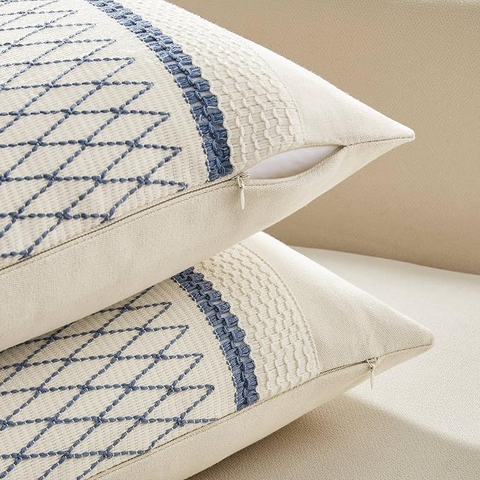 2 Pack Boho Throw Pillow Covers, Grid Blue 18x18in | Soft Breathable Cotton, Farmhouse Decorative Couch Pillow Cases, Cushion Covers for Sofa Bed Living Room Home Decor