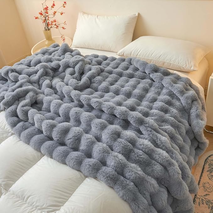 LIFEREVO Luxury Fluffy Faux Rabbit Fur Throw Blanket 60x80, Gray | Plush Fuzzy Bubble Lap Throw for Couch Sofa Office, Soft Cozy Furry Bed Blanket Home Decoration, Washable & Skin-friendly