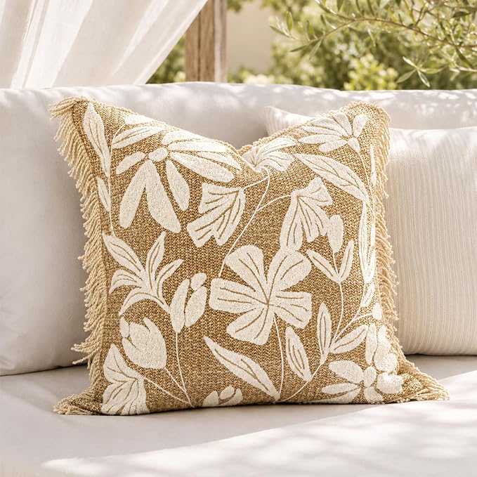 Throw Pillow Cover 20x20 Inch Indoor Outdoor, Jute-Look Floral Tufted Decorative Accent Pillow Case for Patio Sofa Couch Living Room, Cover Only