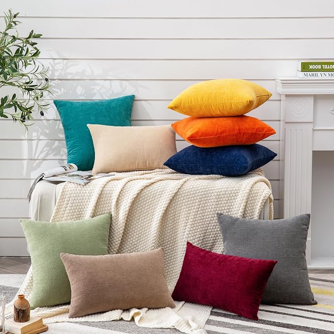 GAWAMAY Decorative Chenille Throw Pillow Covers 24x24 Inch Pack of 2, Soft Square Couch Pillow Cover for Sofa Cushion Living Room Bedroom Solid Dyed Pillowcases Teal 60x60cm (ONLY Covers)