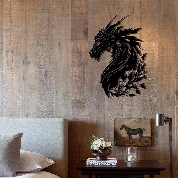Black Metal Dragon Wall Art, 3D Medieval Decor for Men Cave, Fantasy Gift | 3D black dragon wall sculpture, perfect medieval fantasy decor for man caves, game rooms, or unique gifts