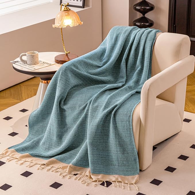 Peshtemania Premium Cotton Throw Blanket, 50x60 inches, Light Blue, Turkish Herringbone, Farmhouse Decor, Yoga Blanket, Picnic Blanket