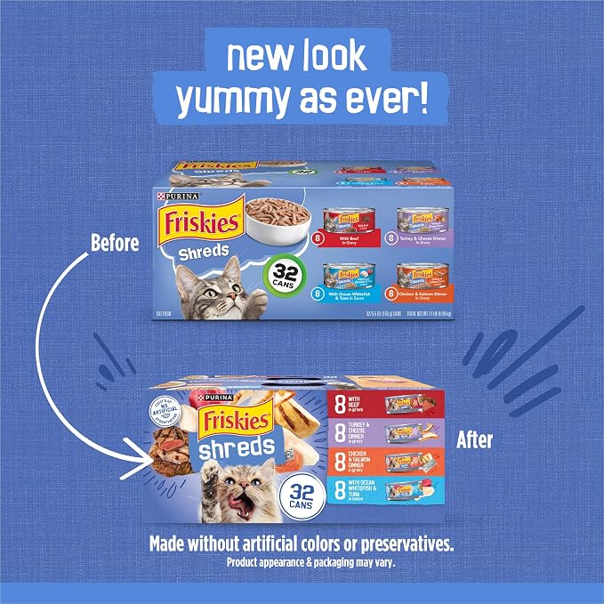 Purina Friskies Gravy Wet Cat Food Variety Pack, Savory Shreds With Beef, Turkey and Cheese Dinner, Chicken and Salmon Dinner, With Ocean Whitefish and Tuna - (Pack of 32) 5.5 oz. Cans