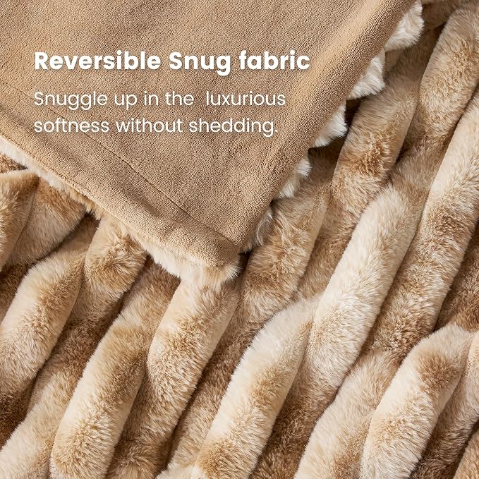 Cozy Bliss Faux Fur Throw Blanket for Couch, Cozy Warm Plush Striped Blanket for Sofa Bedroom Living Room, 50 * 60 Inches Tie-dye Khaki