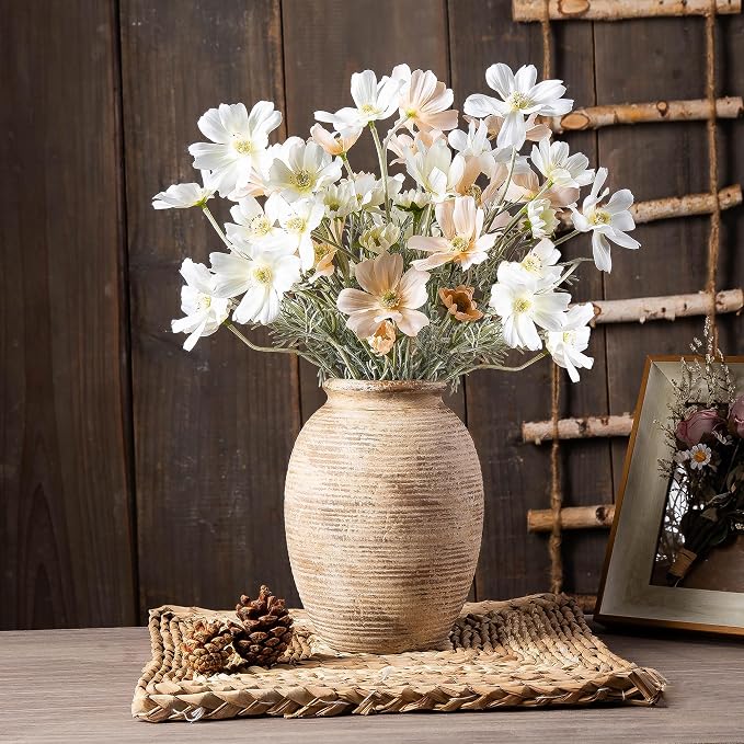 Rustic Ceramic Flower Vase - 8in Vintage erracotta Vase for Home Decor - Christmas Decorative TFlower Bud Vases, Mondern Farmhouse Vase - Living Room Shelf Decor Table, Lyeec
