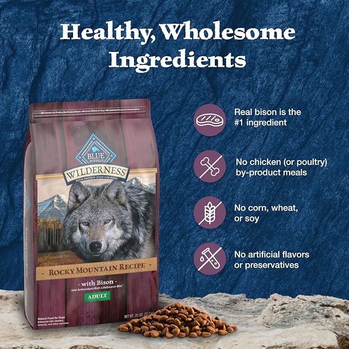 Blue Buffalo Wilderness Rocky Mountain Recipe Bison Dry Dog Food, 28 lb | 31g Protein, Real Bison #1 Ingredient, Wholesome Grains, Antioxidant-Rich Fruits & Veggies, High Protein to Fuel Adventures