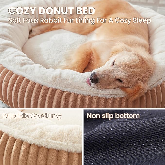 36 inches Calming Donut Dog Bed for Large Dogs,Mocha | Round Pet Bed with Removable&Washable Cover,Milk Plush Faux Fur, Fits Pets up to 80 lbs