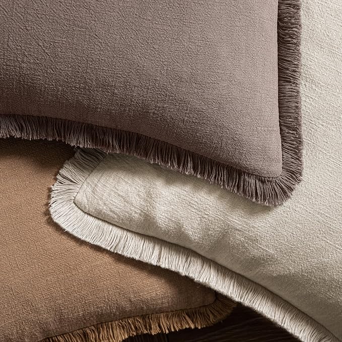 MIULEE Linen Fringe Decorative Fall Euro Pillow Covers Malt Ball 24x24 | Set of 2, Cottagecore Decor, Boho Farmhouse Neutral Throw Pillow Covers, Rustic Fall Couch Cushions for Sofa Bed Living Room