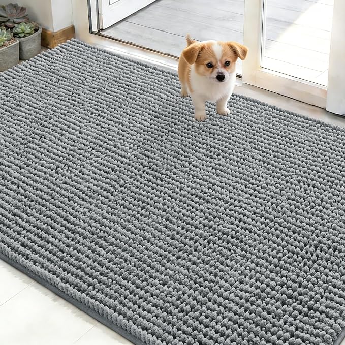 OLANLY Dog Door Mat for Muddy Paws 48x30, Extra Absorbent Chenille Mud Mat | Grey, Absorbs Moisture and Dirt, Non-Slip Machine Washable Doormat, Quick-Drying Indoor Entryway Floor Mat for Dogs