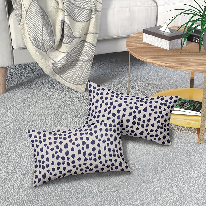 Navy Blue Cream Throw Pillow Covers 12x20 Set of 2 Polka Dot Throw Pillows Outdoor Boho Design Brush Strokes Decorative Pillowcase Square Cushion Cover Linen Pillow Case for Home Sofa Couch Bed