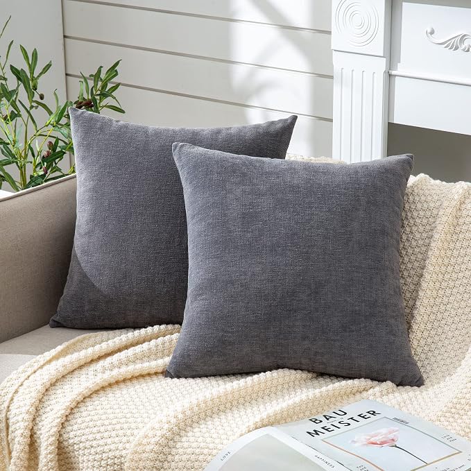 GAWAMAY Decorative Chenille Throw Pillow Covers 24x24 Inch Pack of 2, Soft Square Couch Pillow Cover for Sofa Cushion Living Room Bedroom Solid Dyed Pillowcases Grey 60x60cm (ONLY Covers)