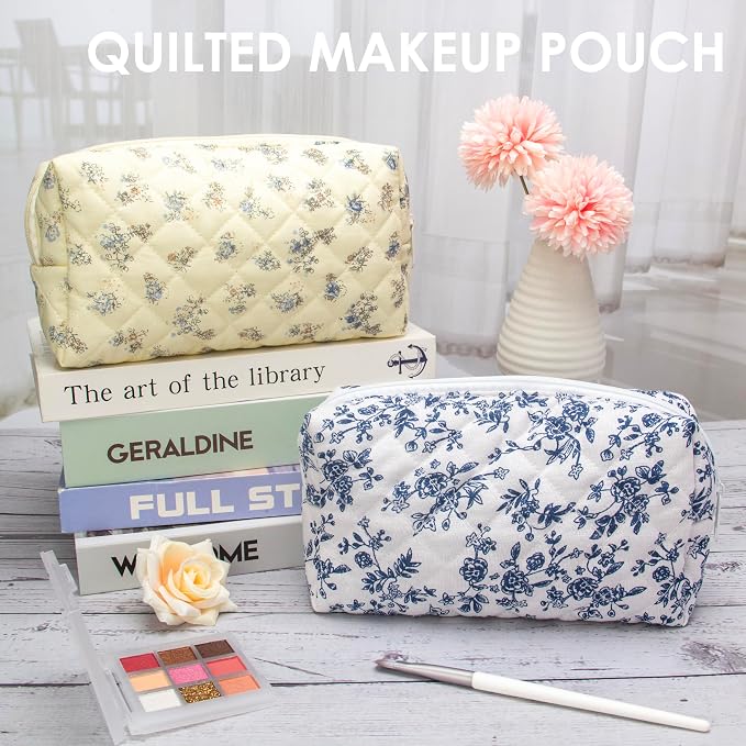 PAZIMIIK Small Quilted Makeup Bag,Zipper Cosmetic Pouch,Jouy Blue,2 Pack | Lightweight Cosmetic Bag Organizer for Women,Purse Storage Holds Makeup,Toiletries,Skincare,Beauty Essentials,Travel Items