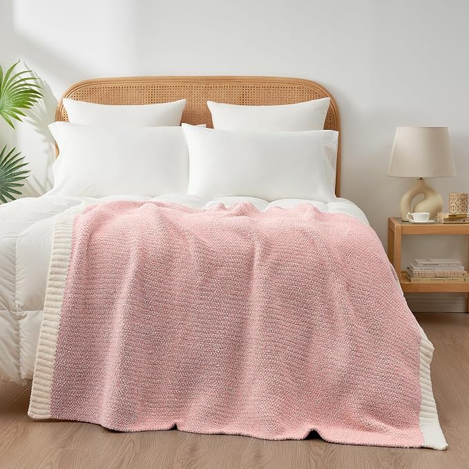 Snuggle Sac Buttery Pink Throw Blanket for Couch, Reversible Super Soft Knitted Blankets, Warm Cozy Knit Fuzzy Plush Lightweight Throws Dupes for Sofa, Bed, Picnic, Pink, 50 x 70 inches