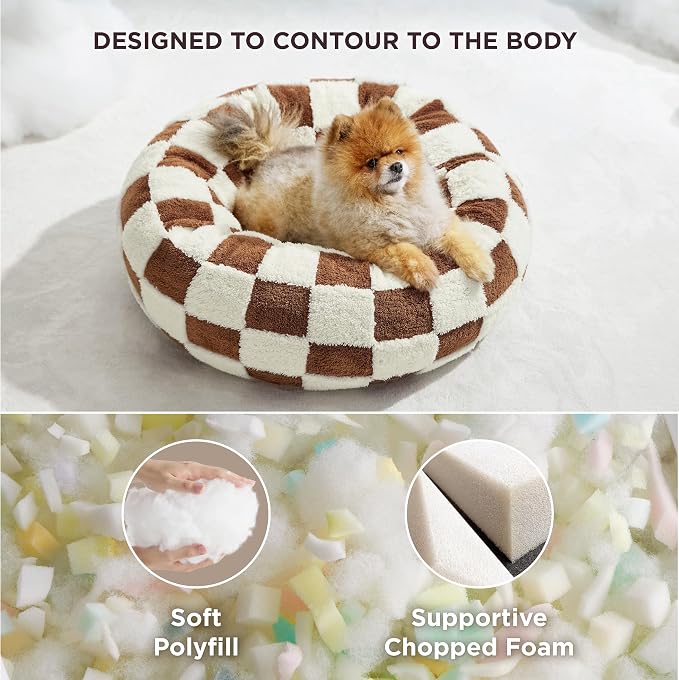LE SURE Shown on TV Jacquard Donut Cute Small Dog Beds，Brown 23x23x7in | Orthopedic Calming Cat Sofa Indoor,Original Design Pattern,Washable Cover,Home Decor as Gift for Pet ,Anti Slip Bottom