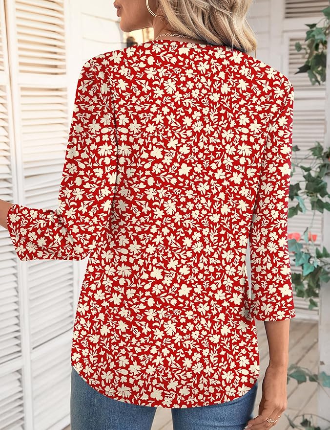 LOMON 3/4 Length Sleeve Womens Tops Spring Summer Fashion 2026 Tops Crew Neck Pleated Shirts Tunic Top Loose Fit