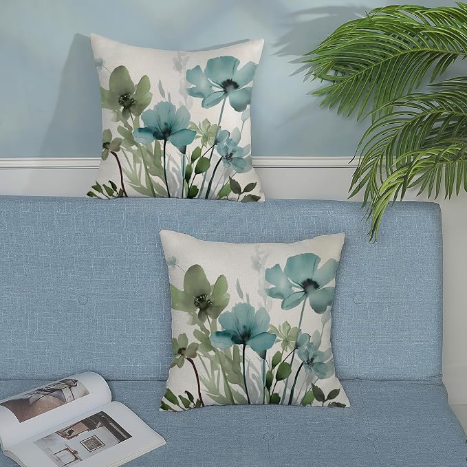 Spring Floral Pillow Covers 18x18 Inches Set of 2 Sage Green Teal Floral Throw Pillow Cover Outdoor Summer Flower Decoration Pillowcase Farmhouse Decorative Linen Cushion Cover for Couch Sofa