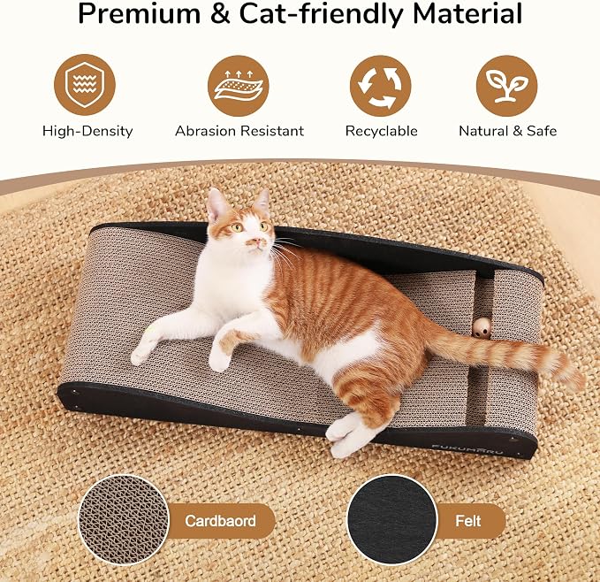 FUKUMARU Cardboard Cat Scratcher Bed, Extra Large 29.1 Inch Cat Scratch Pad | Cat Scratching Bed Couch Indoor, Natural Felt Multifunctional, Horizontal Kitten Scratch Bed Lounger With Ball Toy, Black