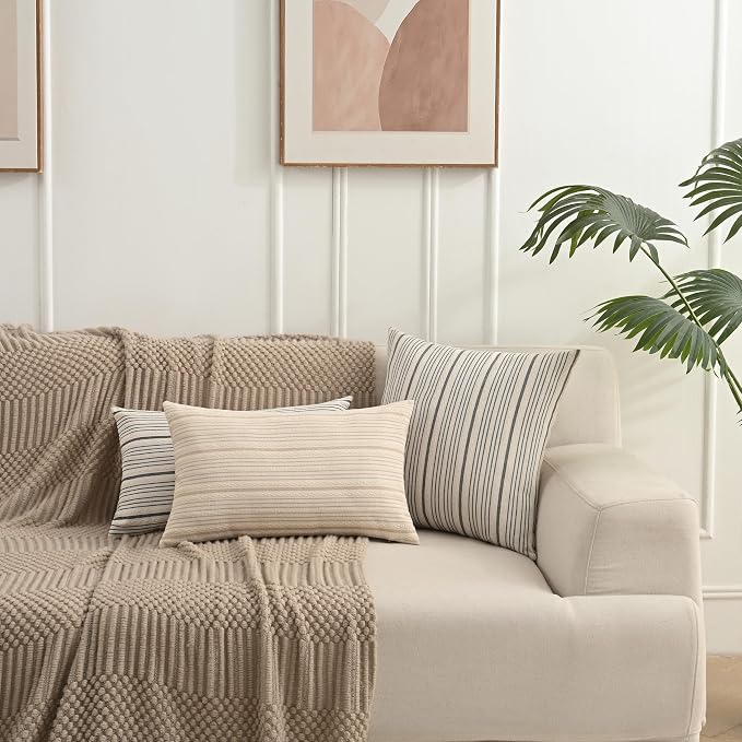 Navy Outdoor Striped Decorative Couch Throw Pillow Covers 20X20 | Pack of 2 Farmhouse 20 x20 in Square Throw Pillows for Couch Sofa Bed Navy and Cream