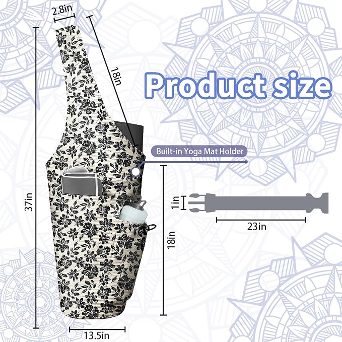 Yoga Bag for Women, Large Yoga Mat Bag Tote Carrier with Wet Dry Pocket, Water Bottle Holder & Adjustable Strap, Fits 1/2" Thick Yoga Mat for Gym, Pilates, Travel, Work