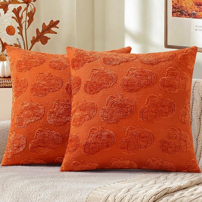 decorUhome Chenille Rust Two Pumpkins Throw Pillow Covers 18x18 Set of 2 | Fall Decorative Jacquard Farmhouse Soft Modern Farmhouse Neutral Pillowcases for Bed Sofa Autumn Harvest Halloween Holiday