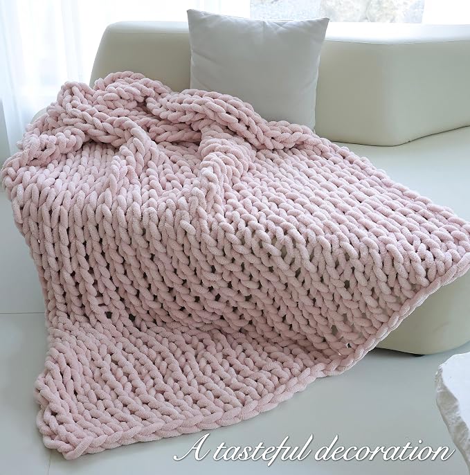 Maetoow Chenille Chunky Knit Blanket Throw （50×60 Inch）, Handmade Warm & Cozy Blanket Couch, Bed, Home Decor, Soft Breathable Fleece Banket, Christmas Thick and Giant Yarn Throws, Light Pink