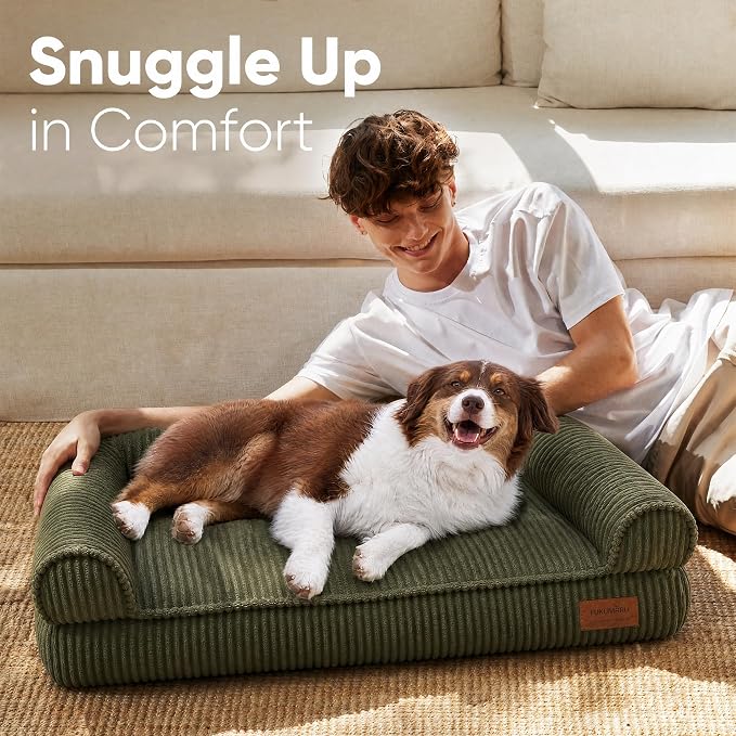 FUKUMARU Cute Dog Bed, Thickened Orthopedic Dog Sofa, Waterproof&Washable | 36" Corduroy Dog Couch with 4" Extra-Thick Egg-Crate Foam, Large Pet Bed for Medium to Large Dogs, Green