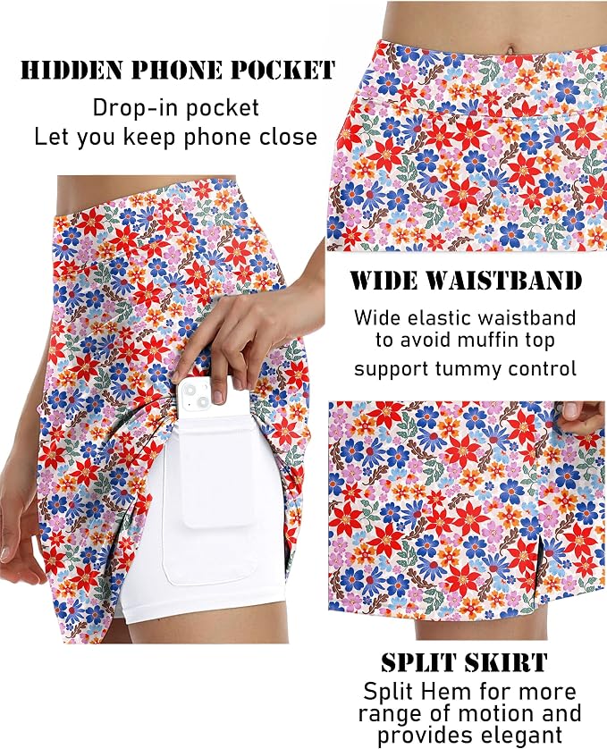 COOrun Women's 20" Knee Length Skirts High Waisted Golf Skorts with Pockets | Soft, Quick Dry, Split Hem, Built-in Shorts, A-line, Modest Skirts, for Golf Athletic Tennis Work Casual