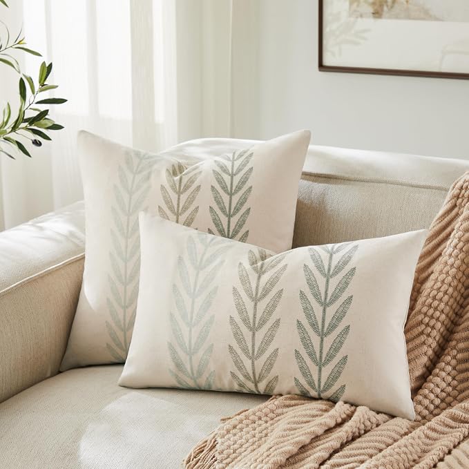 Farmhouse Leaves Throw Pillow Covers Set of 2, 16x16in Mixed Green | 100% Organic Cotton, Rustic Accent Print Pillow Case, Pastoral Decorative Cushion Covers for Sofa Bed Living Room Home Decor