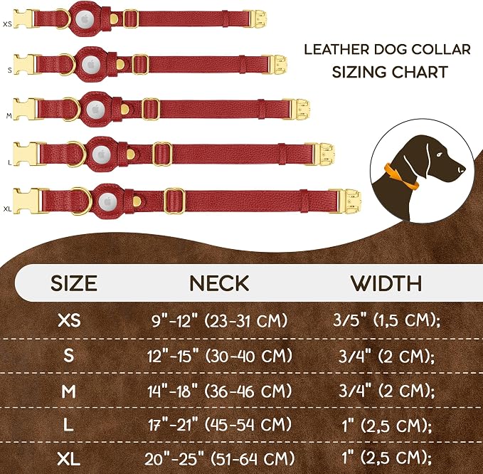 Leather Airtag Dog Collar - Soft Tracking Dog Collar with Apple AirTag Holder and Metal Buckle - Safety GPS Pet Collars for Small Medium Large Dogs Puppy Pink Red (Red, L, 17"-21" Neck Fit)