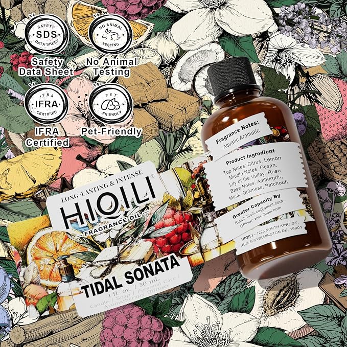 HIQILI Tidal Sonata Fragrance Oil for Diffuser, Ocean & Lemon Scents, Candle & Soap Making, Personal Care Scenting, Aquatic Notes, Long-Lasting Scents - 1 Fl Oz
