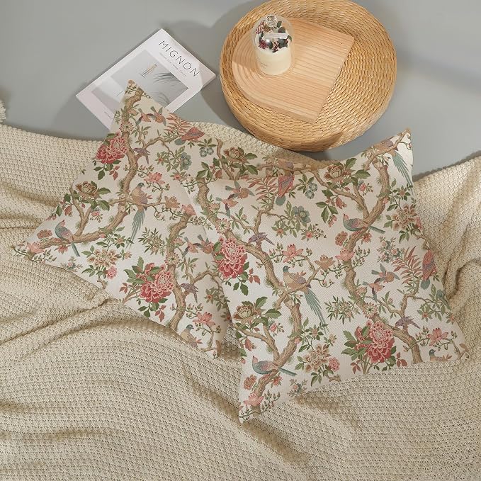 Chinoiserie Pillow Covers 22x22 Set of 2 Pink Green Bird Floral Throw Pillows Vintage Pink Flower Bird Decorative Pillow Cases Outdoor Chinoiserie Decor Farmhouse Cushion Case for Couch Sofa