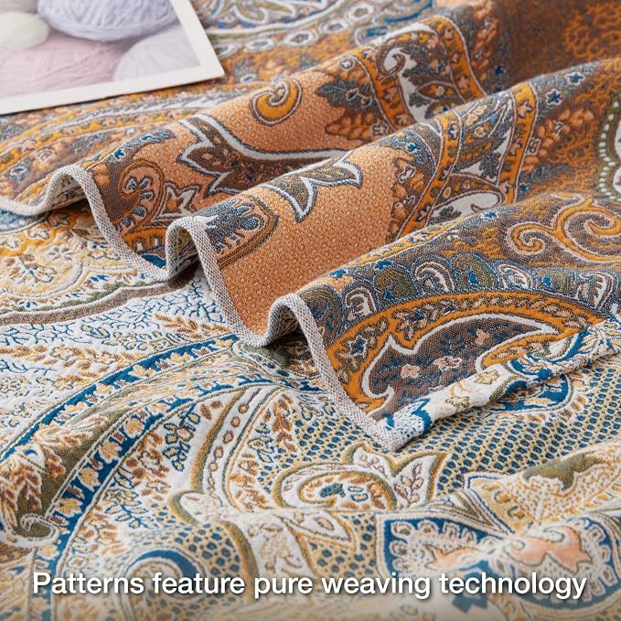 100% Cotton Boho Throw Blanket for Home Decor – Classic Farmhouse Quilt Bedding, Muslin Blankets for Adults, Vintage Woven Decorative Blanket for Couch, Bed Layering Use, Paisley Pattern, 50"x60"
