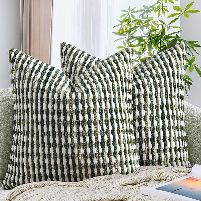 Set of 2 Boho Chenille Pillow Cover Decorative Tufted Pillowcase for Couch Bed Sofa Bedroom Living Room Modern 18 x 18-Inch Sage Green