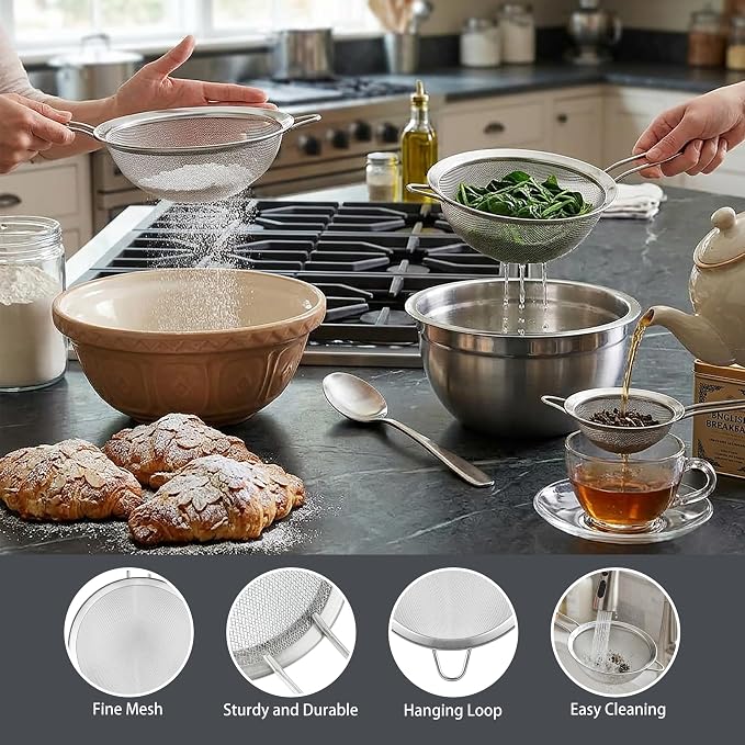3PCS Fine Mesh Strainers for Kitchen, Stainless Steel Metal Wire Sieve Strainer, Food Strainer with Handlle for Sifting, Straining and Cooking
