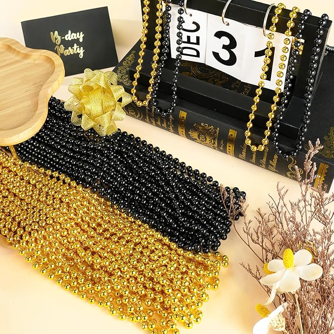 SHAOQINLIN 12 PCS Gold Black New Year Beads Necklaces, 33'' New Year Eve Necklaces Round Beads Necklace Accessories for Happy New Year's Day, Halloween, Christmas, Carnival Party Favors