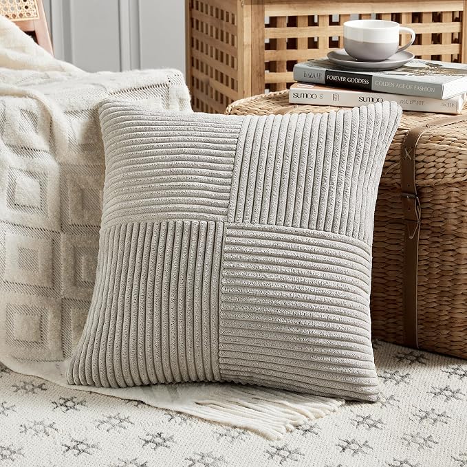 Fancy Homi Neutral Grey Decorative Throw Pillow Covers 18x18 Inch for Living Room Couch Sofa, Rustic Farmhouse Boho Home Decor, Soft Corss Corduroy Patchwork Textured Square Cushion Case 45cm