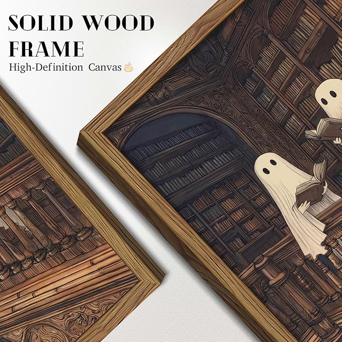 Framed Halloween Ghost Wall Art, Vintage Cute Ghost Reading Canvas Wall Decor Paintings, Dark Academia Book Artwork Poster Print Picture for Library Bedroom Living Room 8x10 Inch