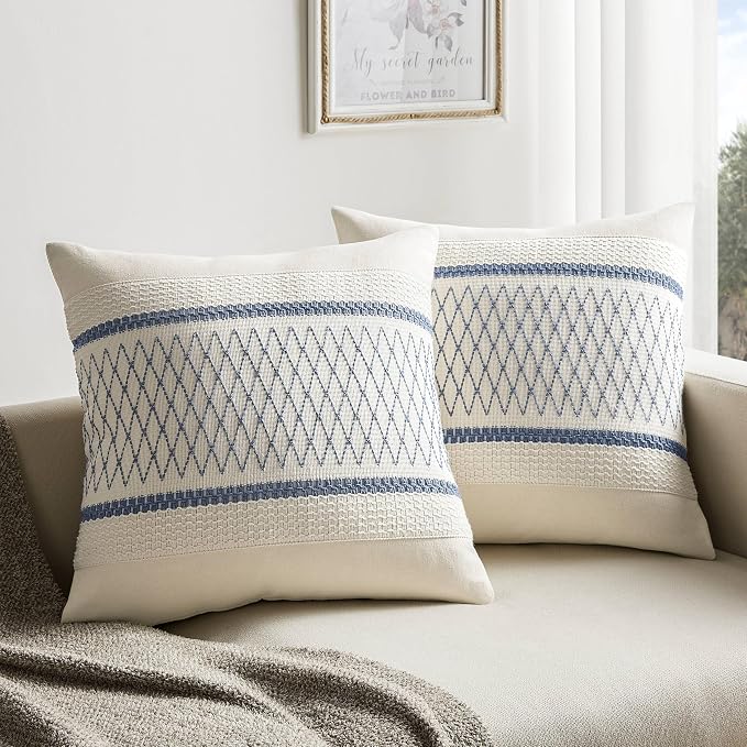 2 Pack Boho Throw Pillow Covers, Grid Blue 18x18in | Soft Breathable Cotton, Farmhouse Decorative Couch Pillow Cases, Cushion Covers for Sofa Bed Living Room Home Decor