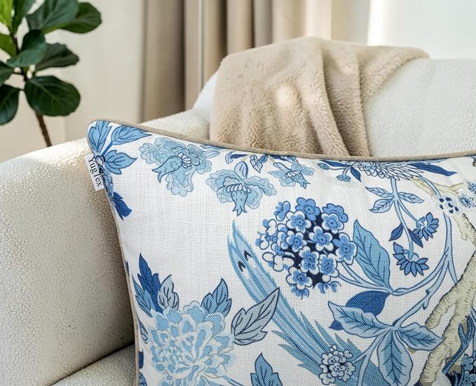 Chinoiserie Bird Hydrangea Print 20x20 Throw Pillow Cover, Blue | Blue bird and hydrangea floral on off-white slub, tan piping; both sides printed; hidden; cover only