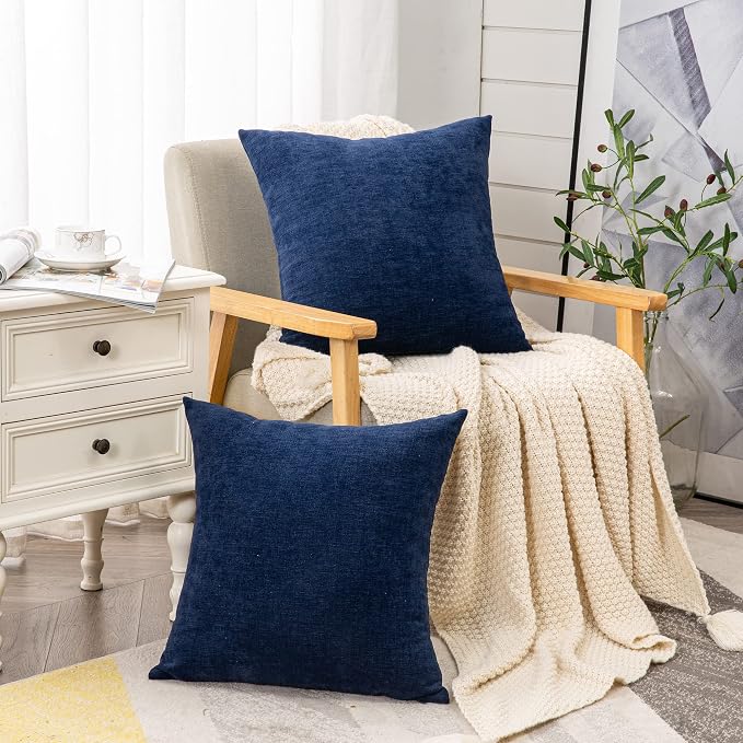GAWAMAY Decorative Chenille Throw Pillow Covers 26x26 Inch Pack of 2, Soft Square Couch Pillow Cover for Sofa Cushion Living Room Bedroom Solid Oversized Pillowcases Navy Blue 66x66cm (ONLY Covers)