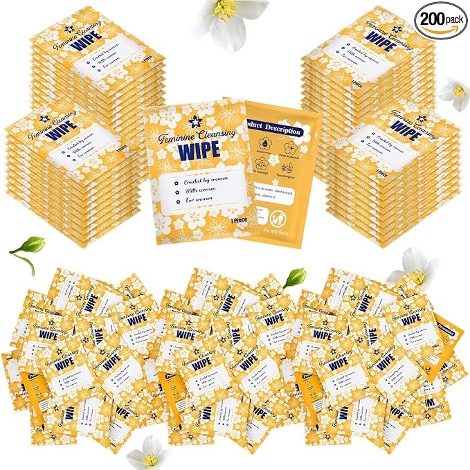 Tondiamo 200 Pcs Feminine Wet Wipes for Women Individually Wrapped Flushable Wipes Travel Size Soothing Personal Wipe Cleansing Natural Ingredients for Feminine Daily Use (Jasmine)