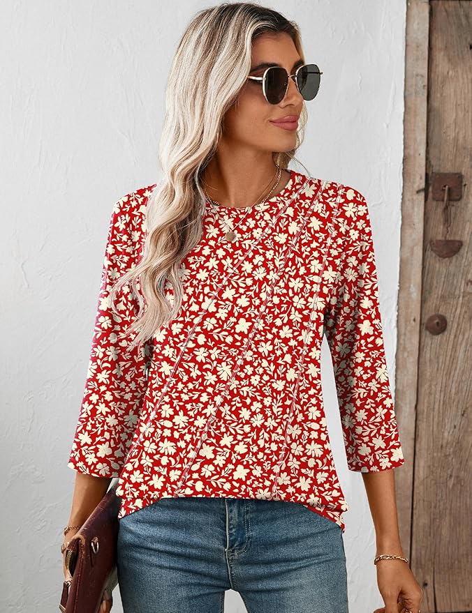 LOMON 3/4 Length Sleeve Womens Tops Spring Summer Fashion 2026 Tops Crew Neck Pleated Shirts Tunic Top Loose Fit